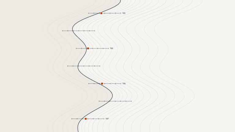 Illustration of a coastline with survey transects and marker points